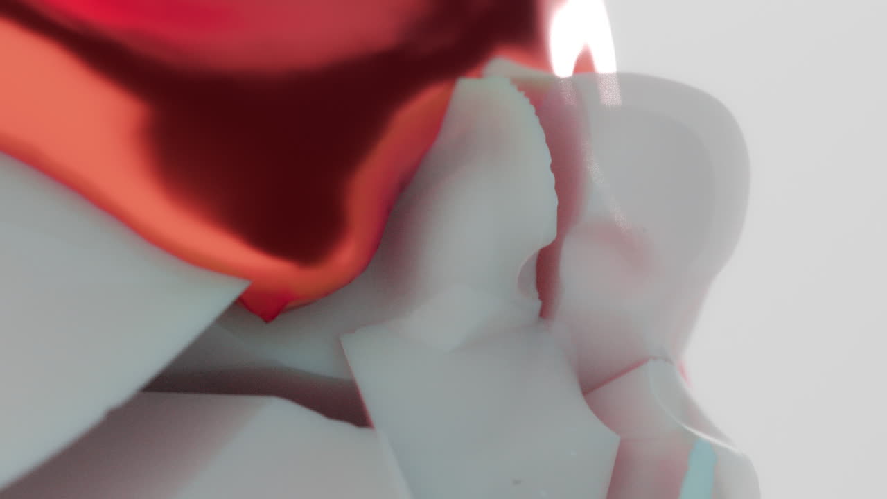 A red liquid metal flows slowly on the sculpture