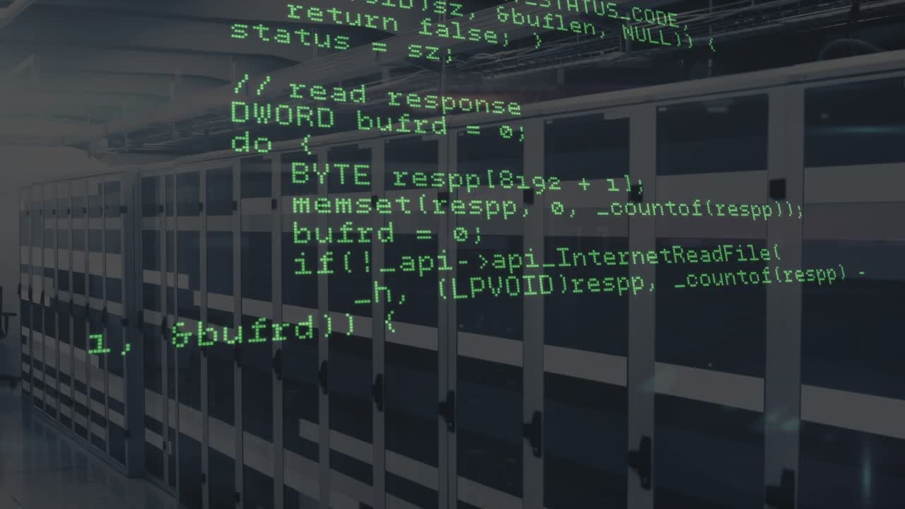 Overlay expanding over server racks invoking InternetReadFile and scrolling code revealing geometry