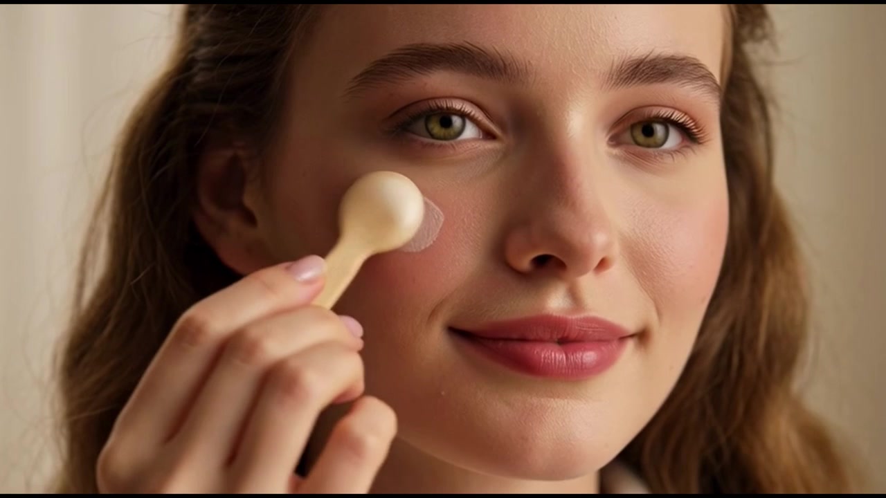 Young Woman Applying Face Cream with Spatula in Bathroom