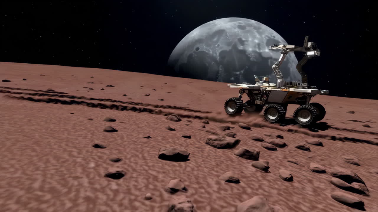 Mars Rover Exploring Martian Landscape with Moon in Background