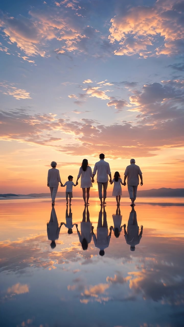 Seks familiemedlemmer fordelt på tre generationer står barfodede på en lavvandet, reflekterende kystlinje under den gyldne time, med sammenflettede hænder og vendt mod den lave sol, med roligt vand, himmelglød og bløde silhuetter