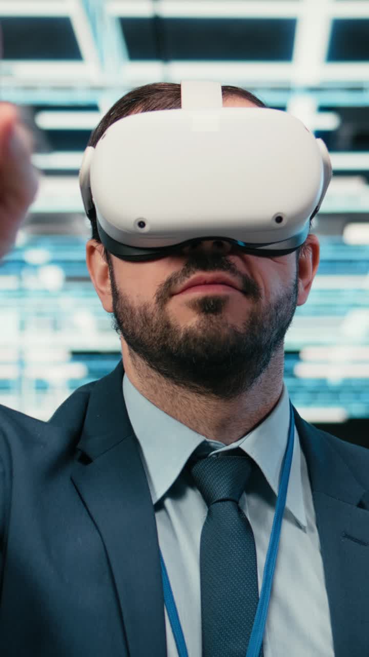 Vertical video Removing VR goggles, finishing task and software developer in data center