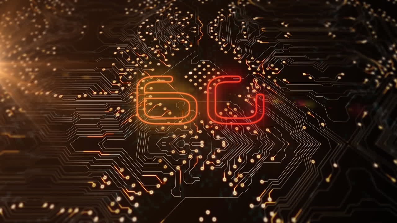 Animation of 6g text and computer circuit board and data processing