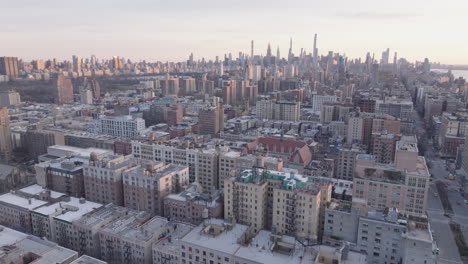 aerial view of the new york city skyline at dusk. shot in harlem looking south towards midtown manhattan.