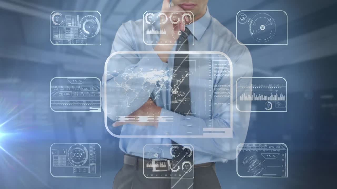 디지털 인터페이스와 데이터 처리가 비즈니스의 중간 섹션에 대해 미래의 화면을 만 ⁇ 니다.