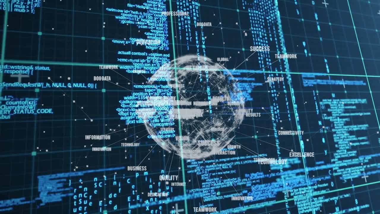 Animation of digital globe with blue data streams and technology words floating
