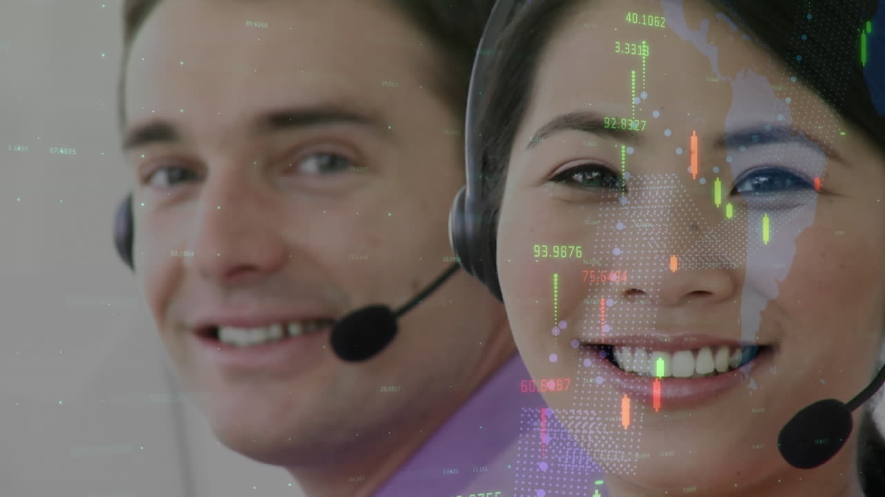 animación de estadísticas y procesamiento de datos sobre personas de negocios que usan auriculares telefónicos