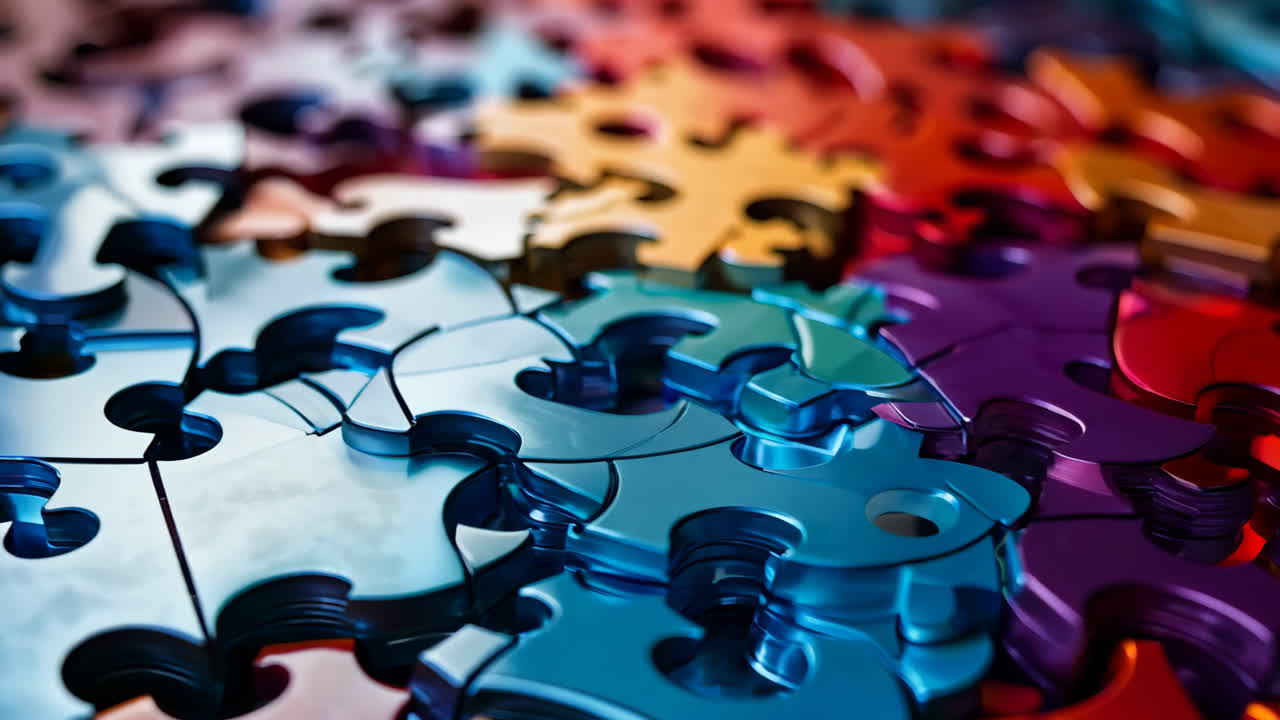 A jigsaw puzzle with many pieces of different colors. The puzzle is made of metal and has a shiny appearance