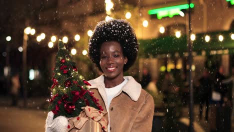 Close-up-view-of-african-american-woman-holding-christmas-tree-and-misling-at-camera-while-it‚Äôs-snowing-in-Christmas