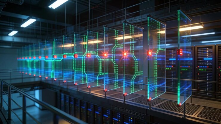 Pulsing holo panels along catwalk, green-blue traces shifting, red nodes starting left