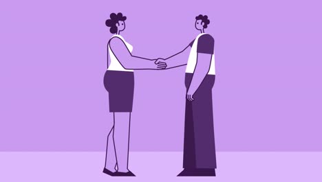 purple style woman and man flat character handshake agreement. isolated loop animation with alpha channel