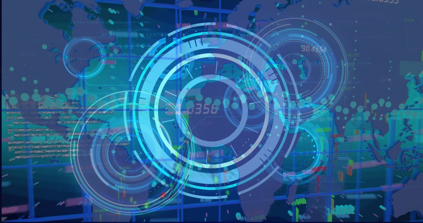 Animation of world map, processing circles and data on navy background