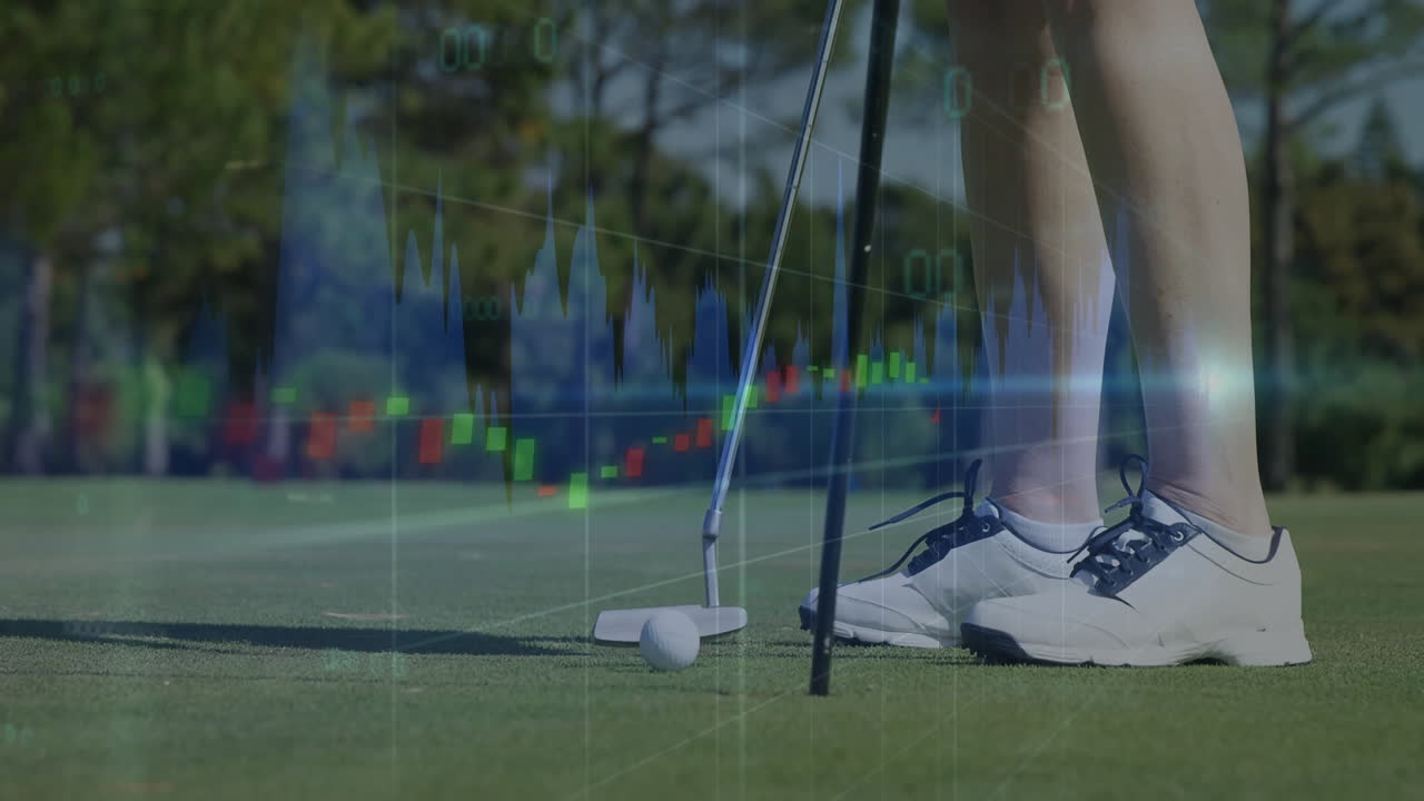 Golf ball being visualized in animated 3D render alongside candlestick chart overlay