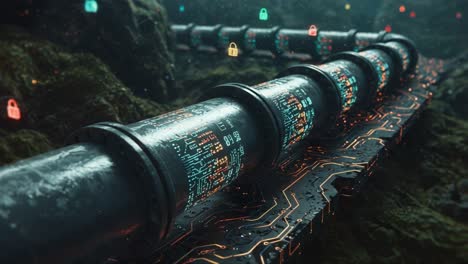 a deep dive into the futuristic underworld: an intricate network of cybernetic pipes connected by data streams and security symbols