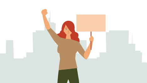 hermosa mujer protestando con una pancarta en la ciudad