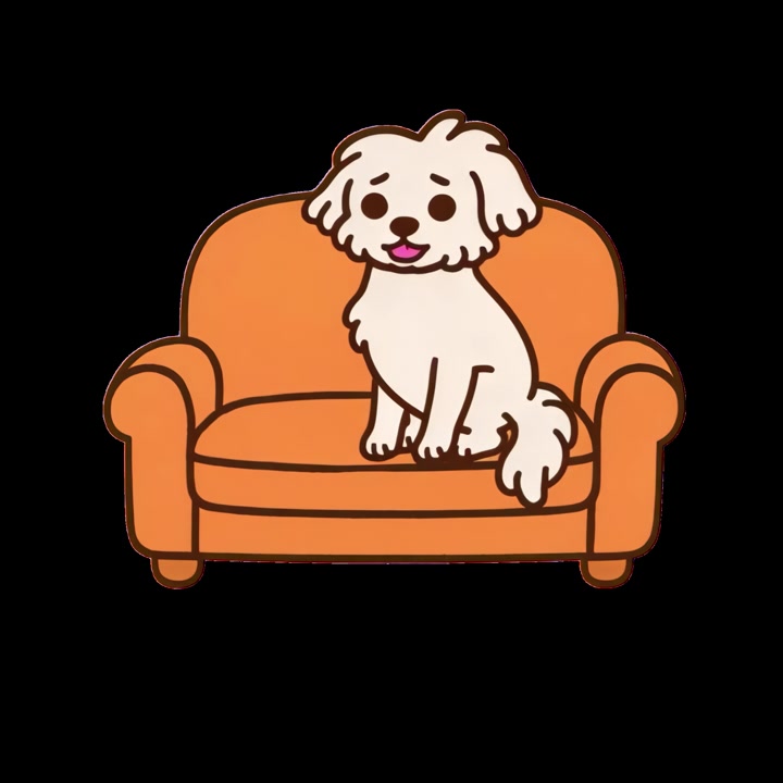 Simpatico cane cartone animato che dorme e si sveglia su un divano arancione