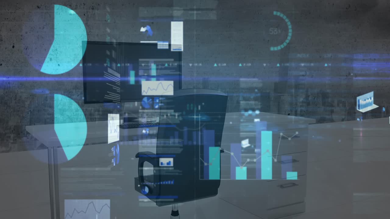 mercado de valores y procesamiento de datos estadísticos frente a una oficina vacía en segundo plano