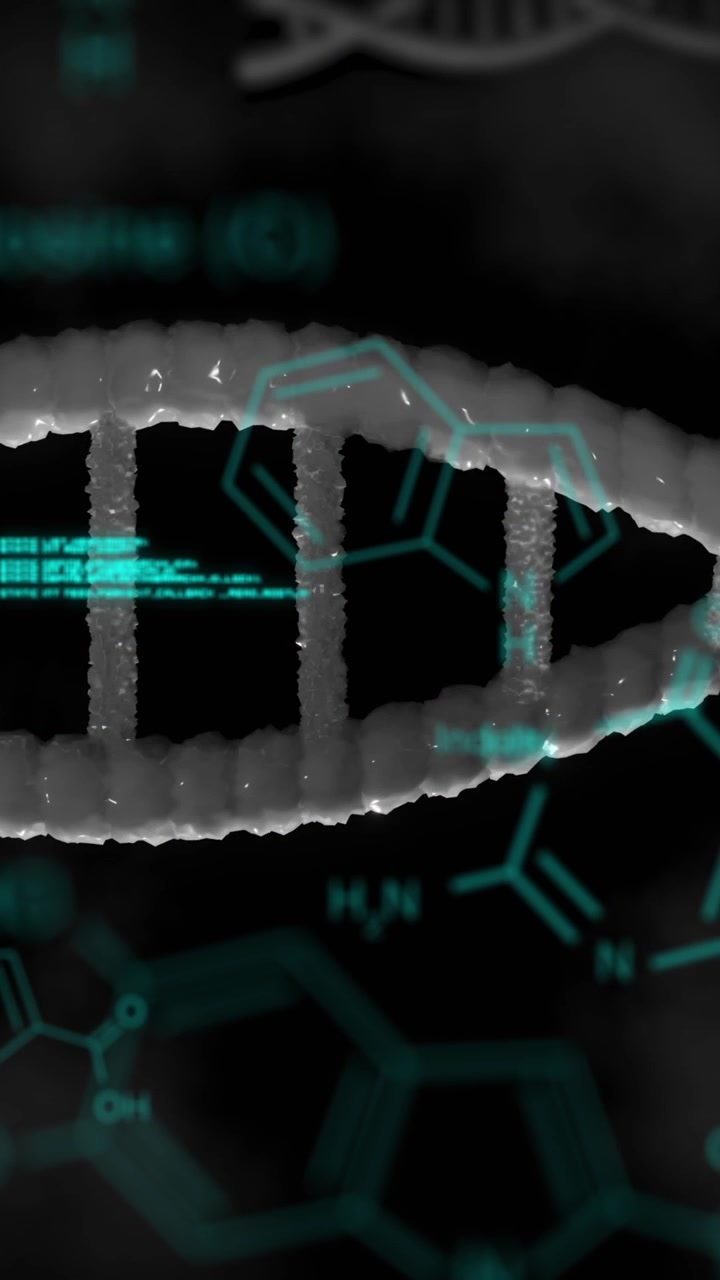 Animation of dna rotating over scientific data on black background