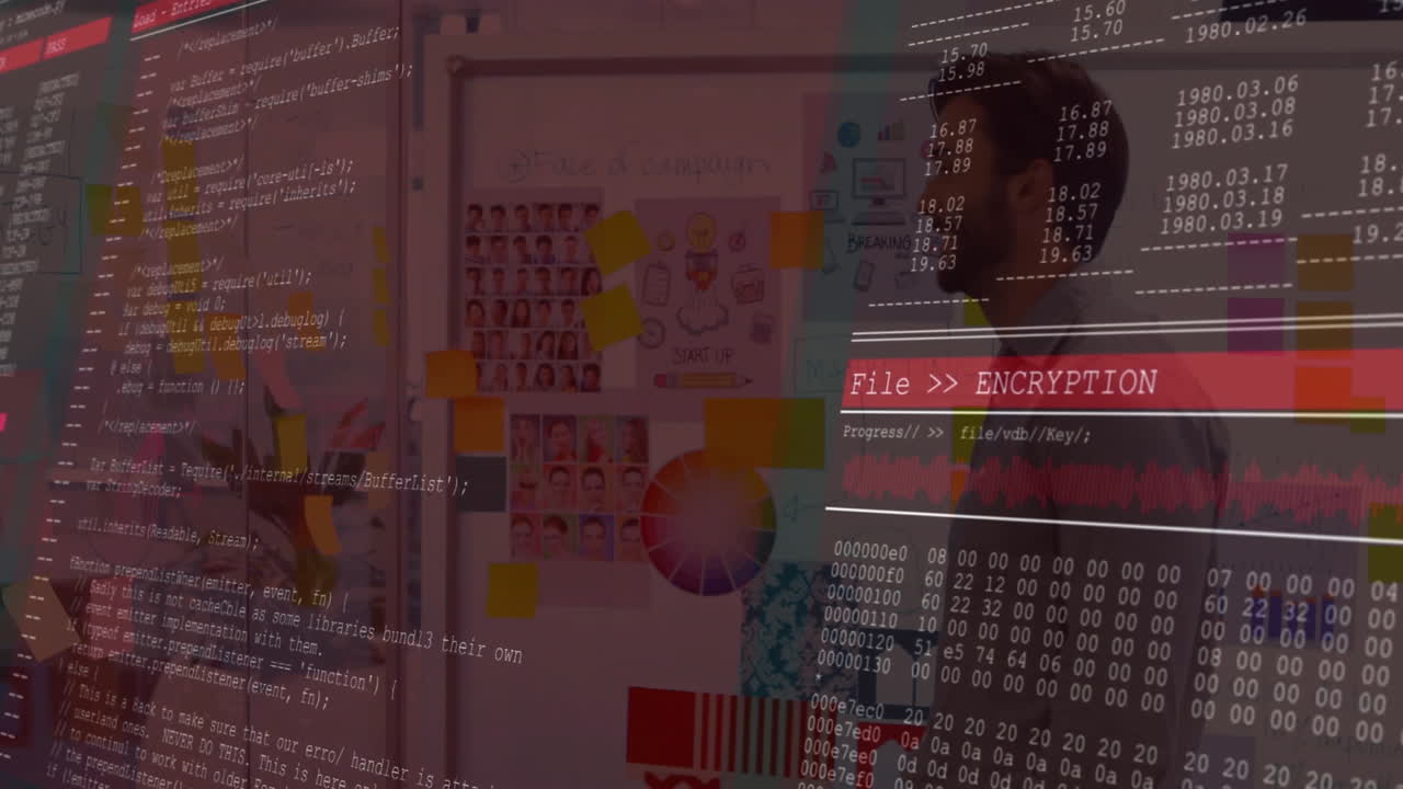 In office, diverse team brainstorming with animation of computer code and encryption text