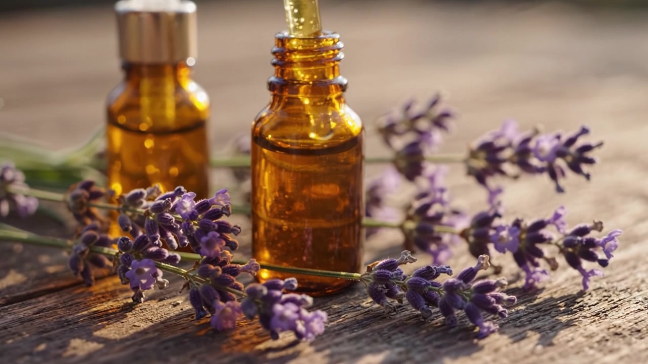 Fængslende lavendel æteriske olier fanget i smukke glasflasker, omgivet af friske lavendelblomster, der fremhæver deres beroligende og aromatiske egenskaber.