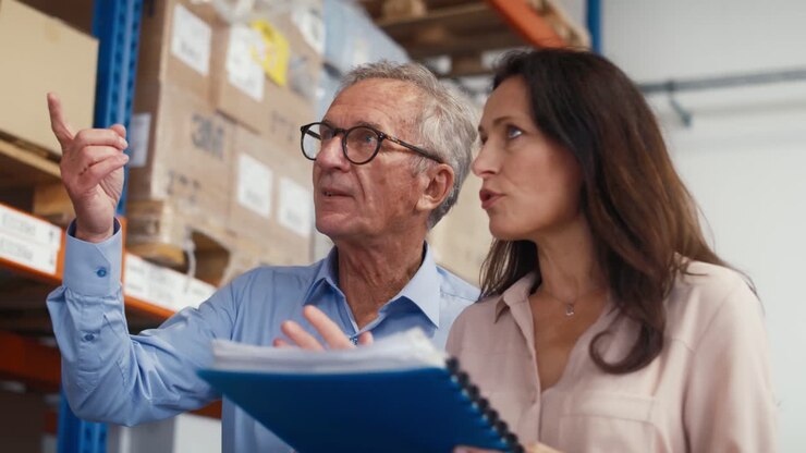 Mature woman and man analyzing documents in the warehouse.