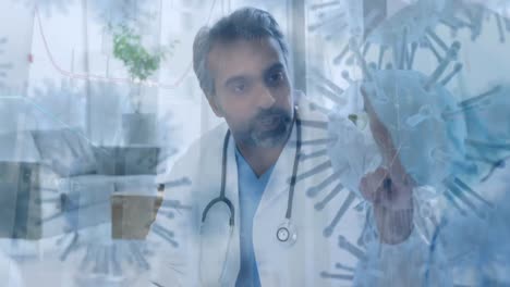 células de covid-19 y procesamiento de datos estadísticos contra un equipo de médicos discutiendo