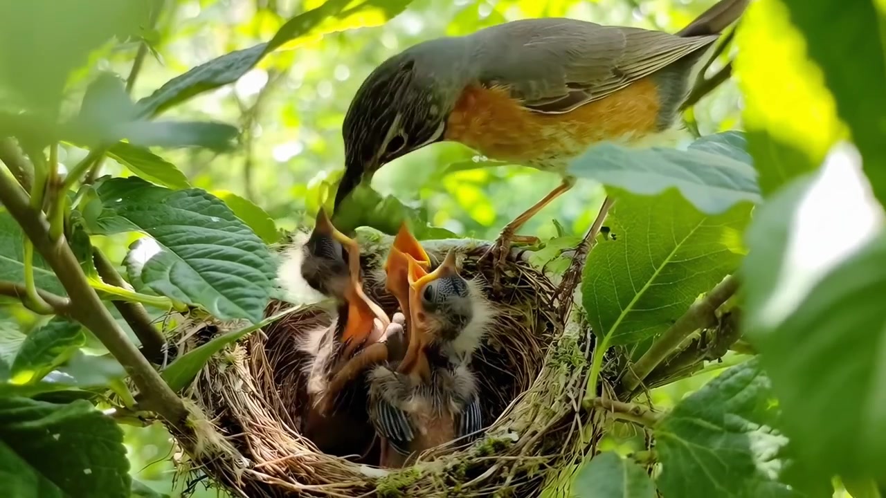 American Robin Feeding Chicks in a Nest