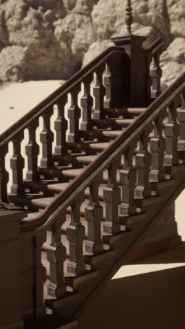 a grand old staircase in a ruined building in a desert setting