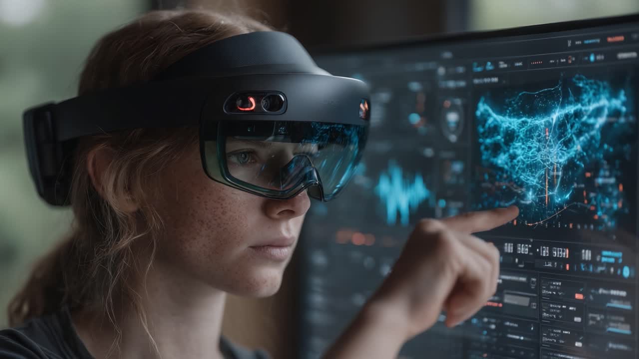 Exploring Advanced Data Visualization: A Young Woman Engaged with Cutting-Edge Augmented Reality Technology Displaying Intricate Data Analysis on a Screen