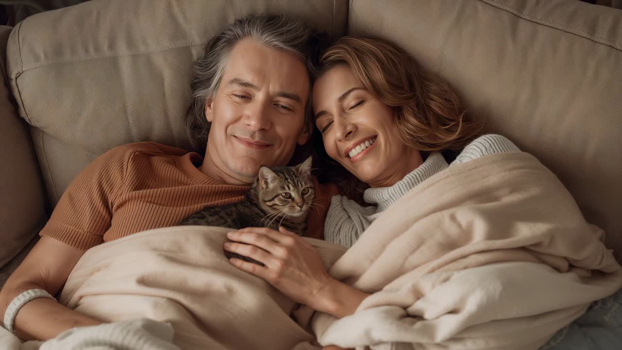 Clip capturing couple lying on sofa under blanket, wearing rust shirt, petting tabby for comfort