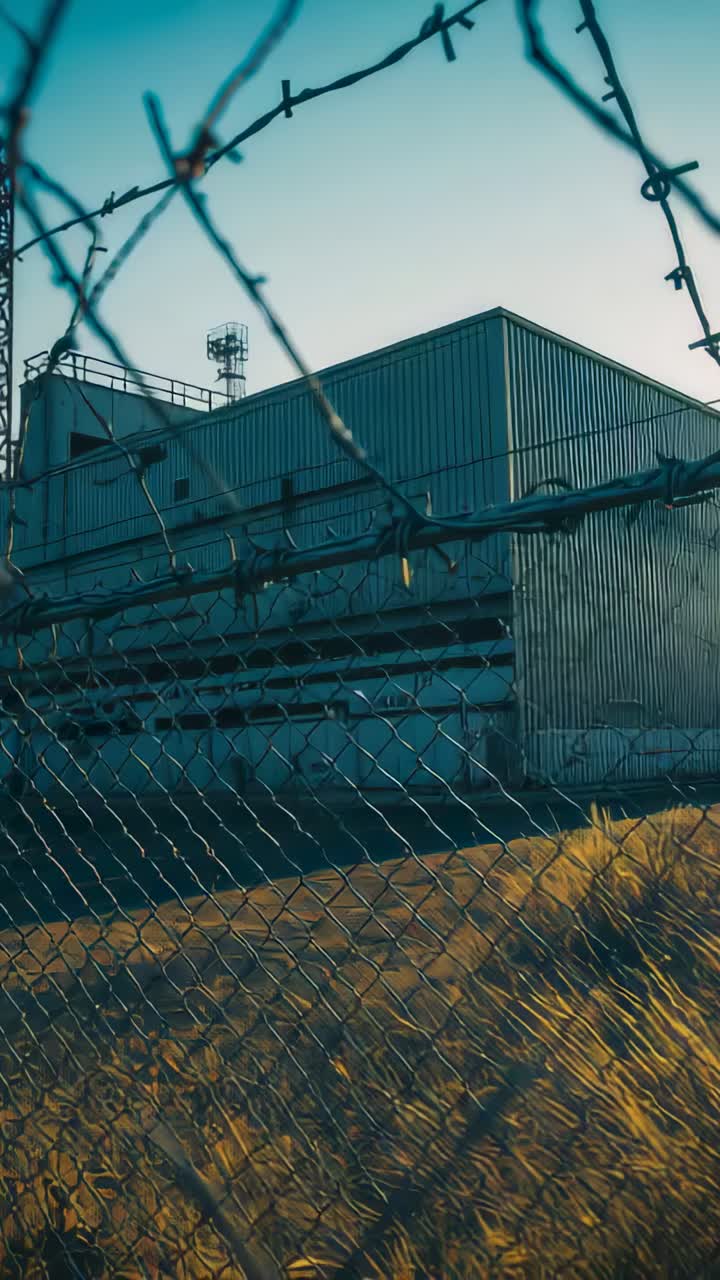 Vertical video: Pushing camera revealing metal building behind barbed wire at perimeter, sunflare