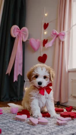 adorable puppy wearing vibrant red bow sitting on soft rug, surrounded by heart shaped decorations reflecting valentine's day romance and playful charm