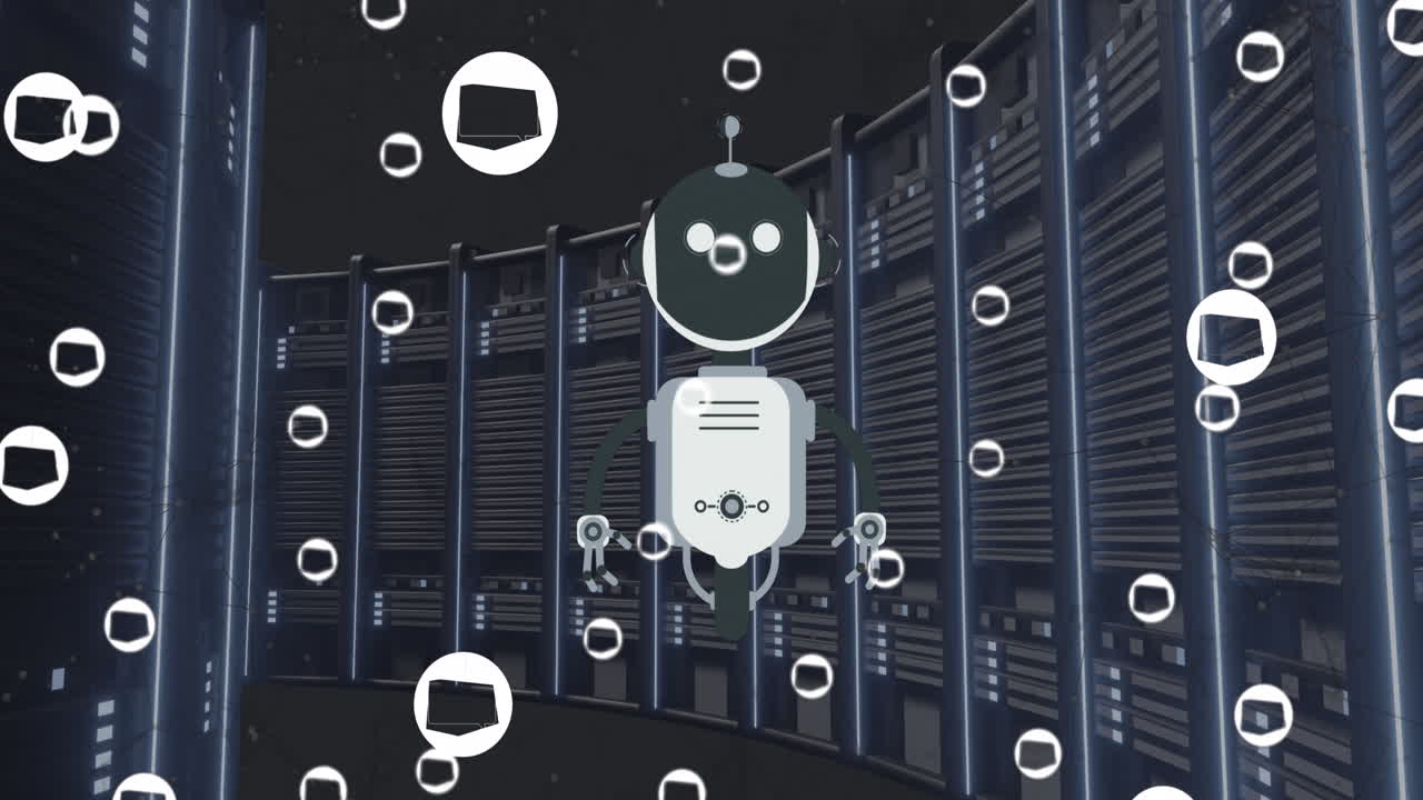 Animation of ai chat bot and icons over computer server background