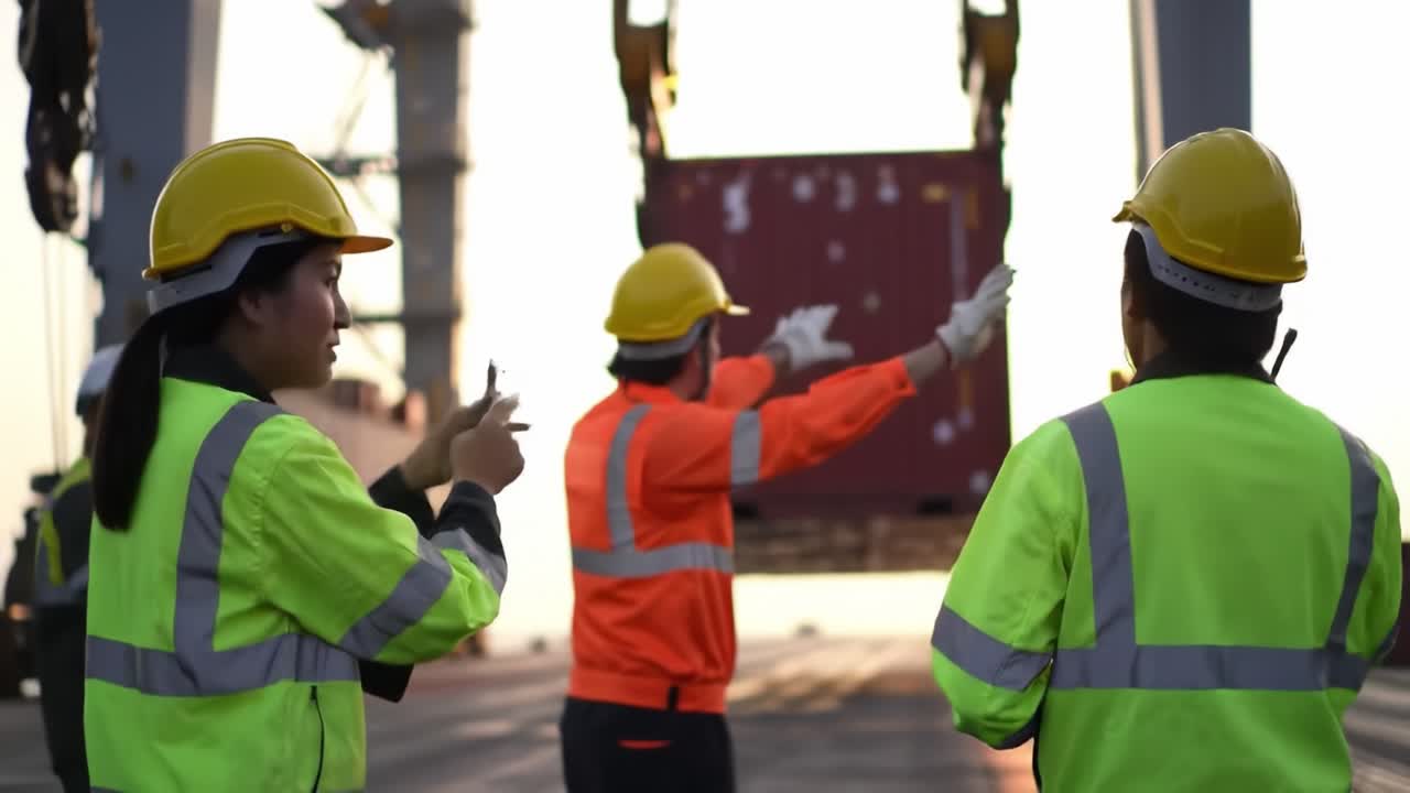 Workers Observing Container Loading at Dusk: Dedicated Team in Safety Gear Watching as Heavy Cargo is Carefully Hauled by Crane in Maritime Operation