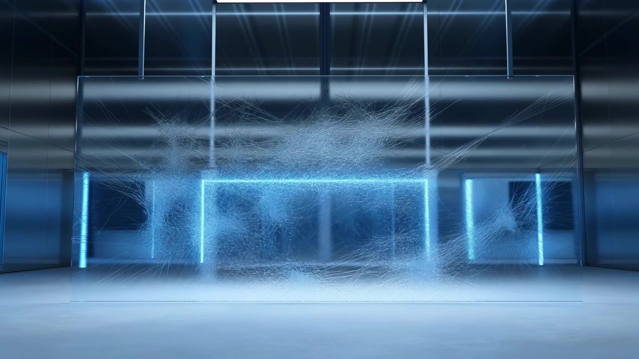 Fine luminous strands drift and cross within clear central structure while slow forward movement reveals blue edge lighting, dark ceiling panels, smooth floor, and symmetrical industrial setting.