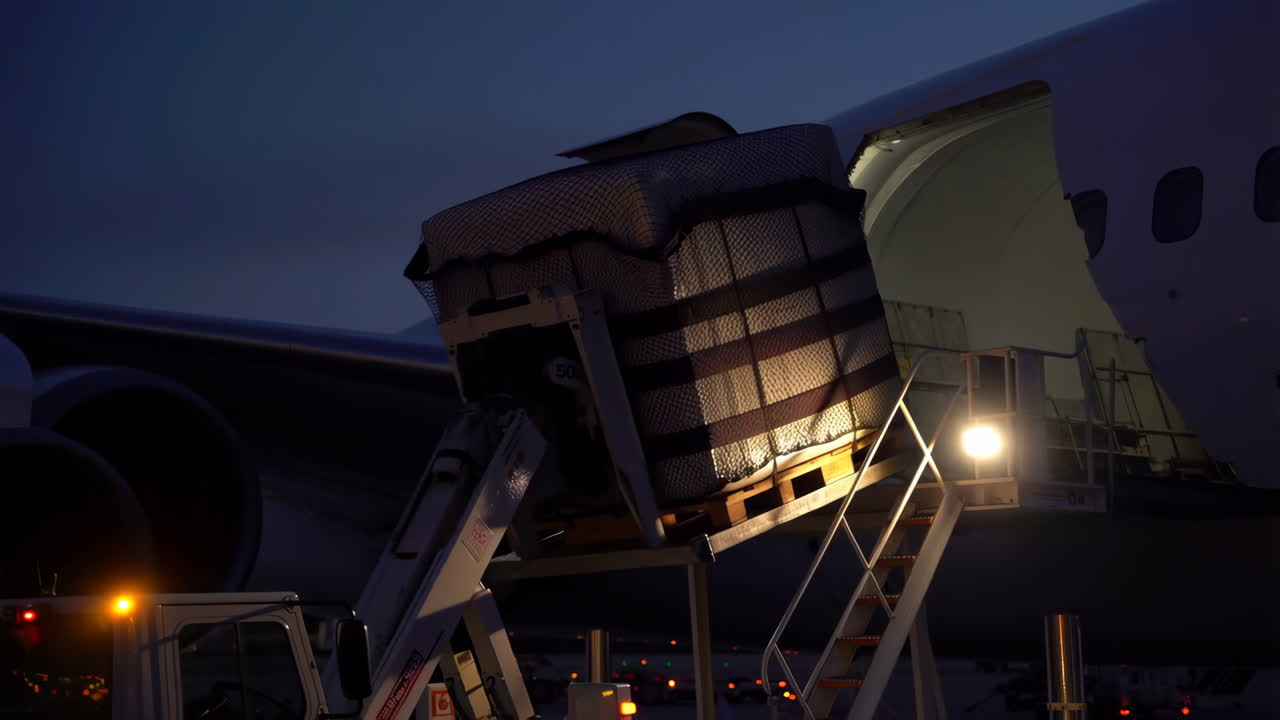 Loading Cargo into Airplane at Night