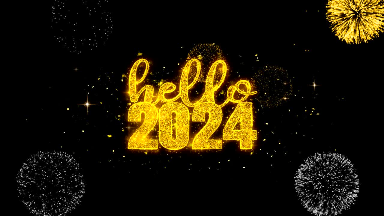 hola 2024 mensaje de deseo revela en brillo partículas de oro fuegos artificiales.