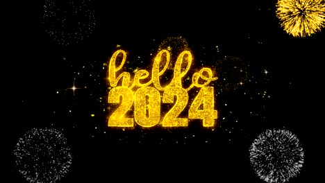 hola 2024 mensaje de deseo revela en brillo partículas de oro fuegos artificiales.