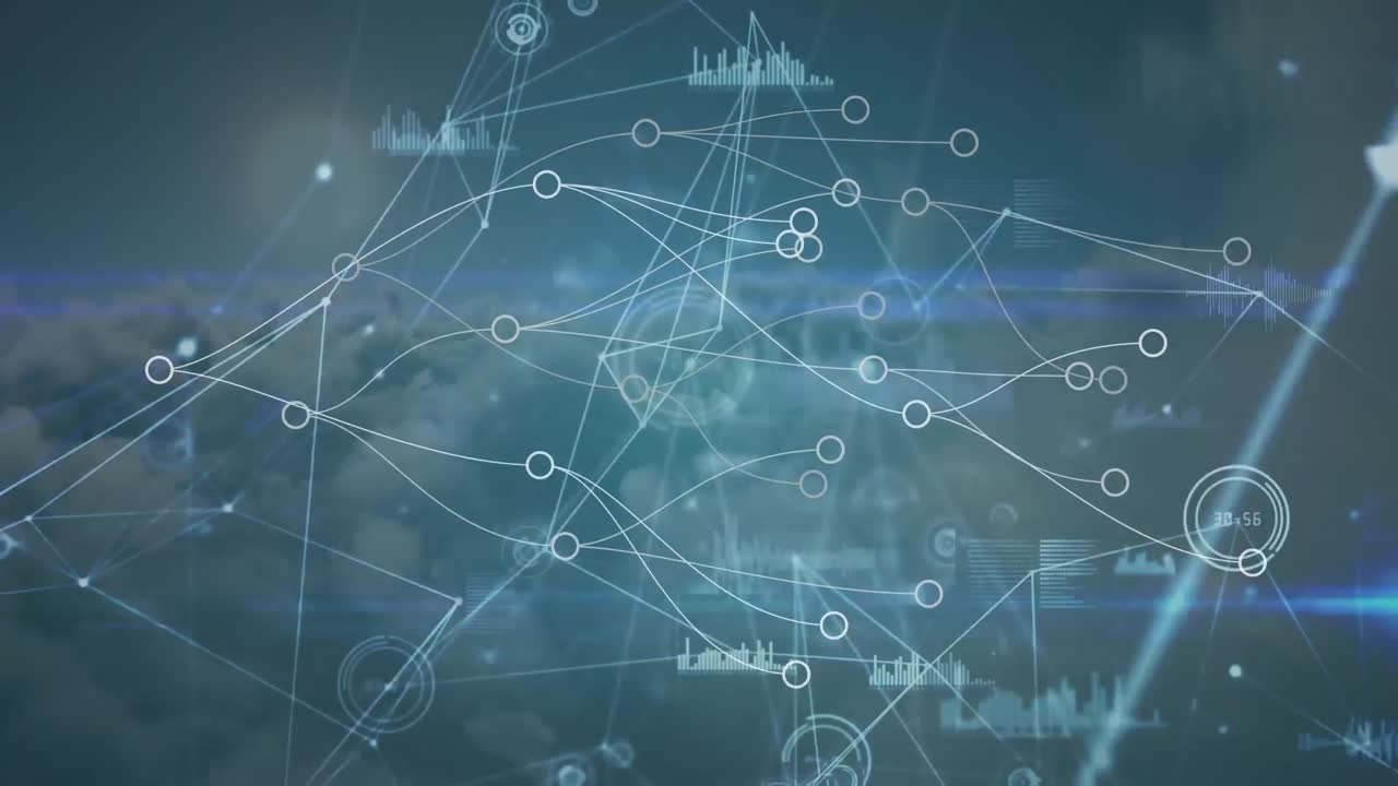 Animation of red particles over network of connections and data processing against clouds in the sky