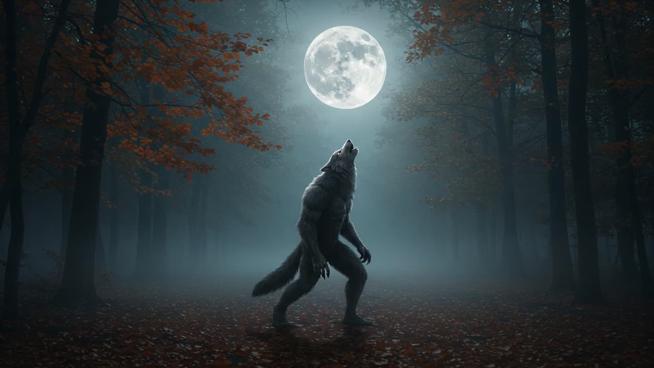 A Mysterious Werewolf Emerges Under a Full Moon in a Spooky Forest, Showcasing the Eternal Dance Between Nature and Mythology in an Enigmatic Setting