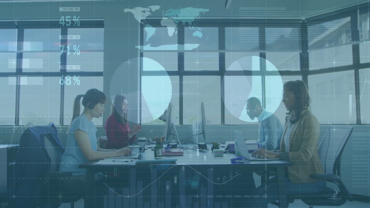 Business team working at office with data analytics animation overlay
