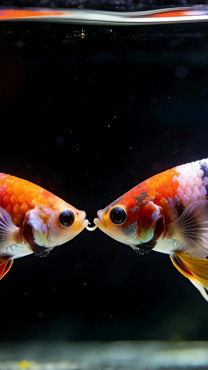 Vidéo verticale : Un espace dessine deux poissons ornés se touchant la bouche au centre d'un aquarium en verre, montrant une bulle.