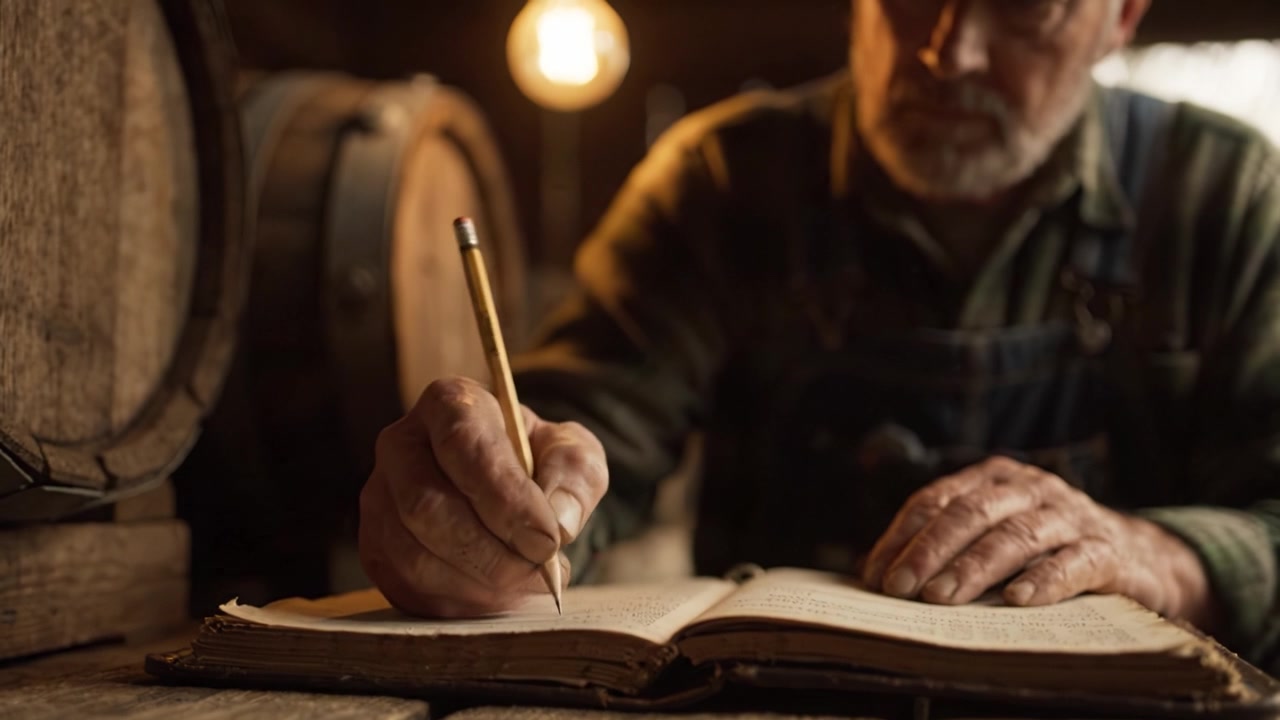 Craftsman Documenting Techniques in Rustic Workshop with Barrel and Warm Light Overhead, Emphasizing Traditional Skills and Handwritten Notes on Old Ledger