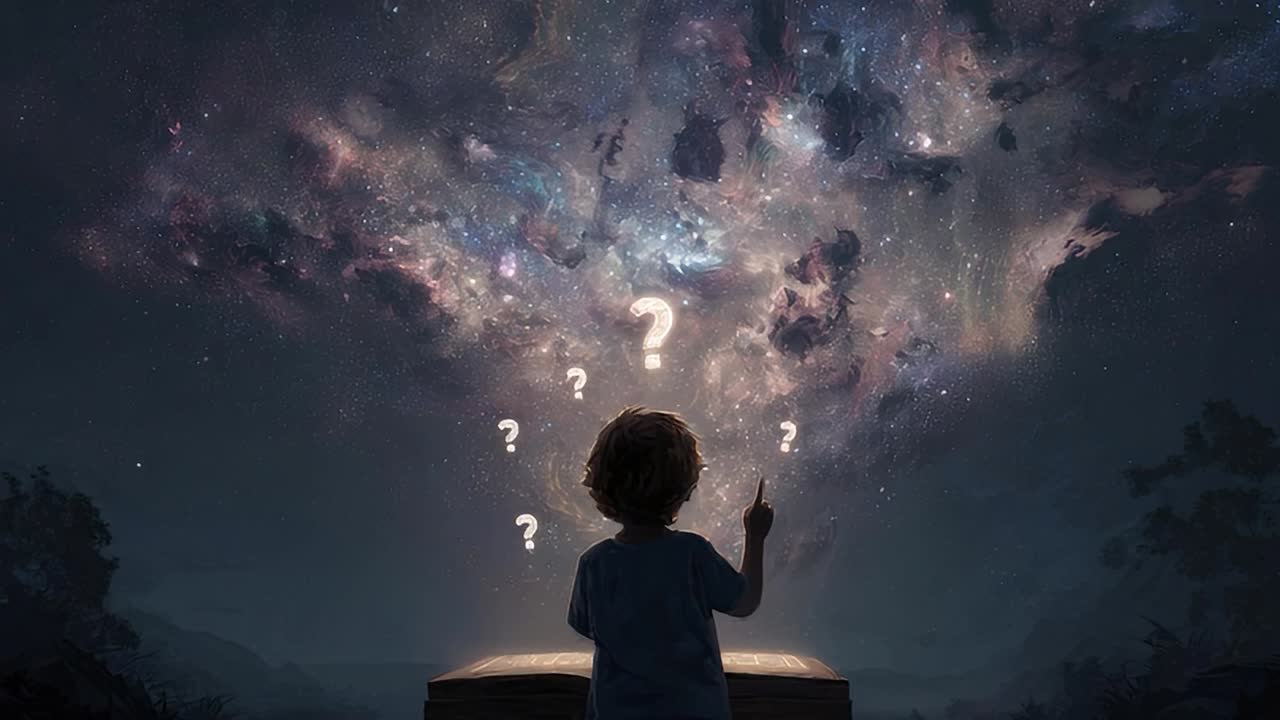 Wondering child gazes at cosmic mystery under starry night sky