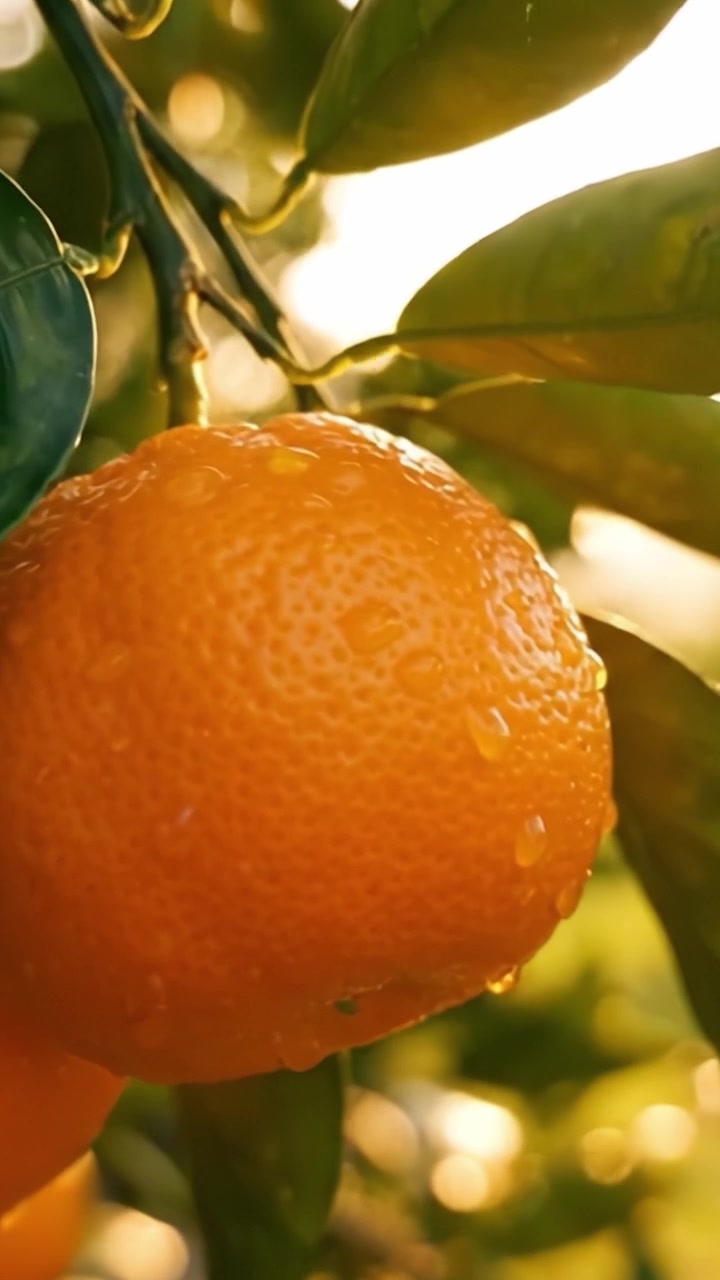 Vibrante agrumeto all'alba: rigogliosi frutti d'arancio che brillano di rugiada mattutina, circondati da ricche foglie verdi e illuminati dalla calda luce del sole