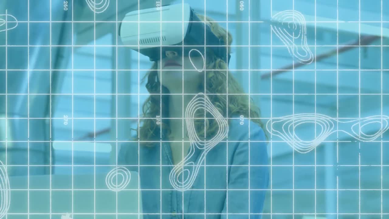 composición digital de la topografía a través de la red de rejilla contra la mujer usando auriculares vr