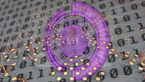 animation of purple speedometer and circuit board pattern over binary codes on white background