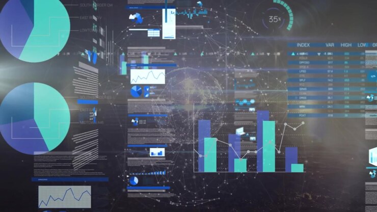 Animation of infographic interface and connected dots with lines forming globes against lens flares