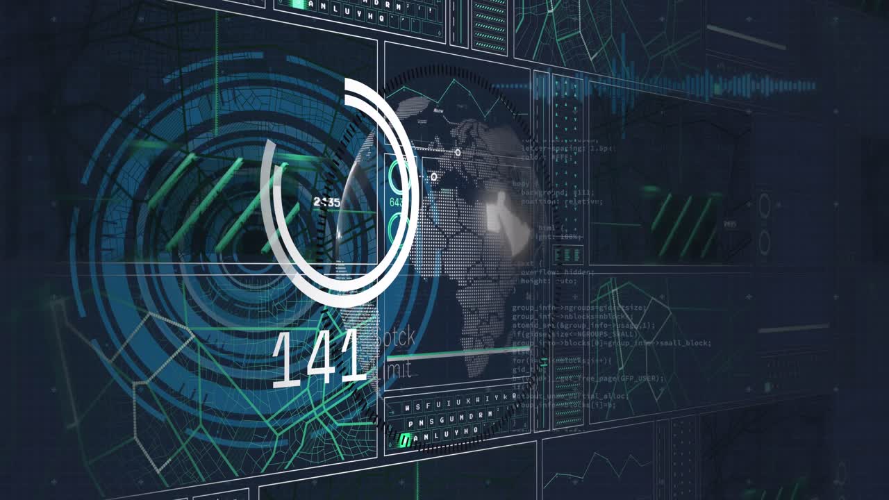 Animation of data processing and globe on black background