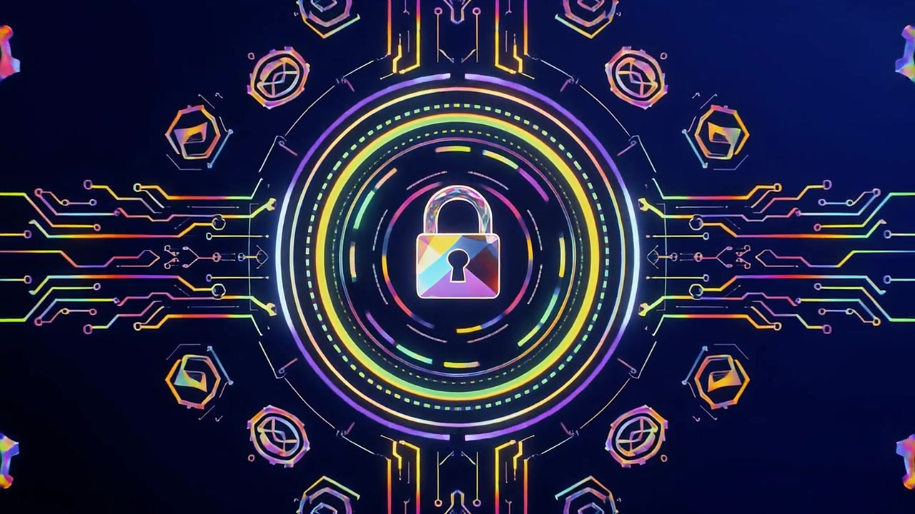 Animated Digital Security Padlock with Glowing Circuit Board Lines
